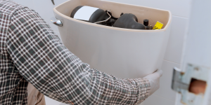 Homeowner adjusting the inside of a toilet tank to fix a running toilet.